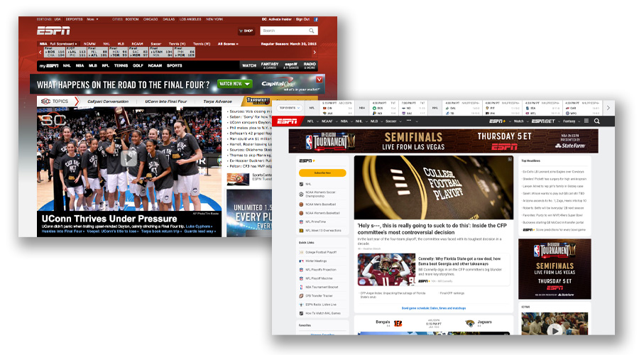 screenshots showing the change from the old ESPN.com design to the redesign