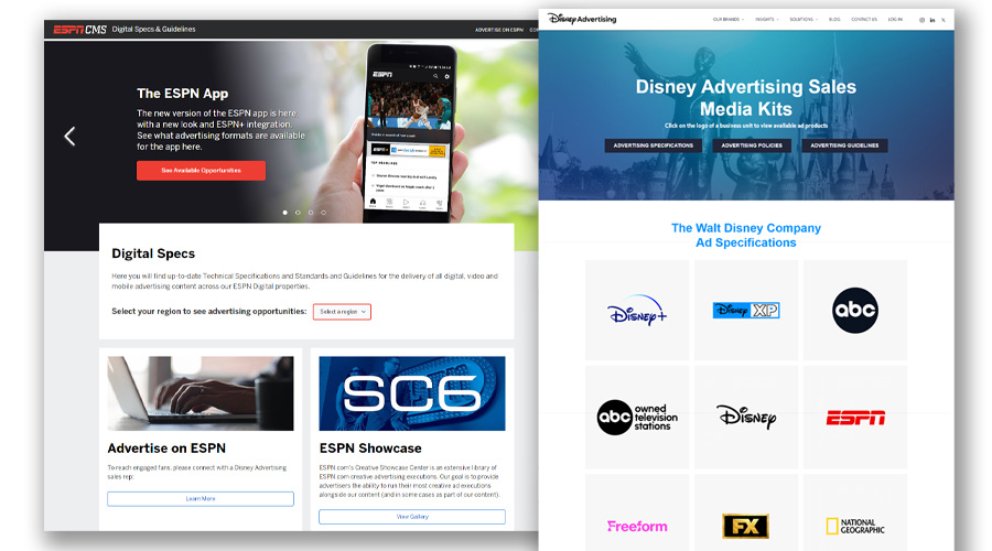 screenshots of the ESPN and Disney Advertising media kit web sites