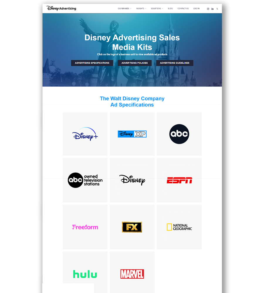screenshot of the Disney Advertising media kit homepage